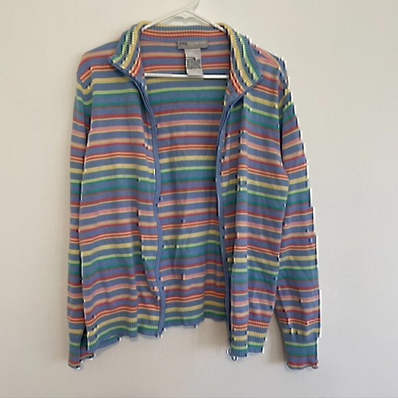 VINTAGE SAG HARBOR Blue Pink Yellow Rainbow Stripe Full Zip Sweatshirt / Sweater - Picture 6 of 11